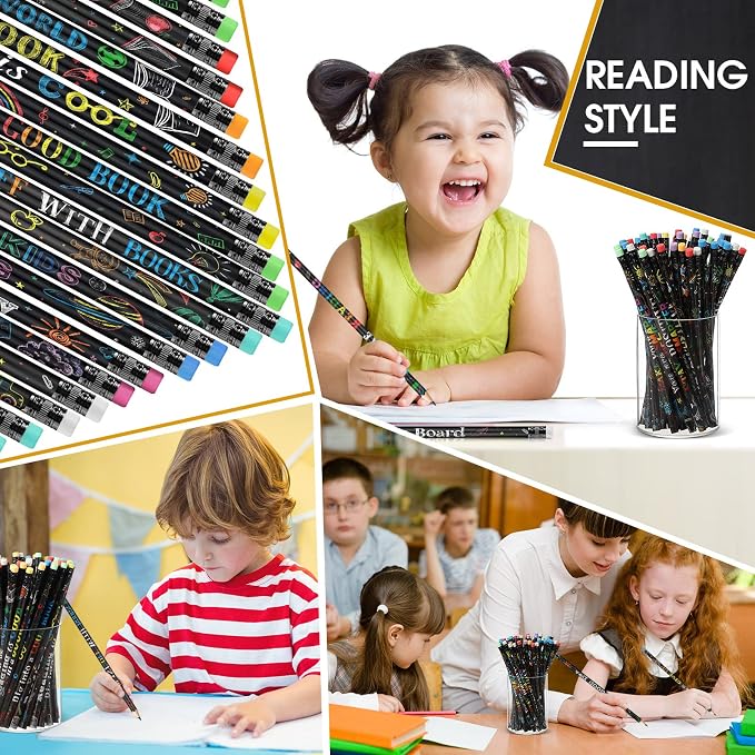 Pasimy 120 Pcs Reading Motivational Pencils Bulk Black Novelty Wooden Pencils with Eraser Classroom Inspirational Pen with Sayings for Kids Student Teacher School Reward Gifts Stationery Party