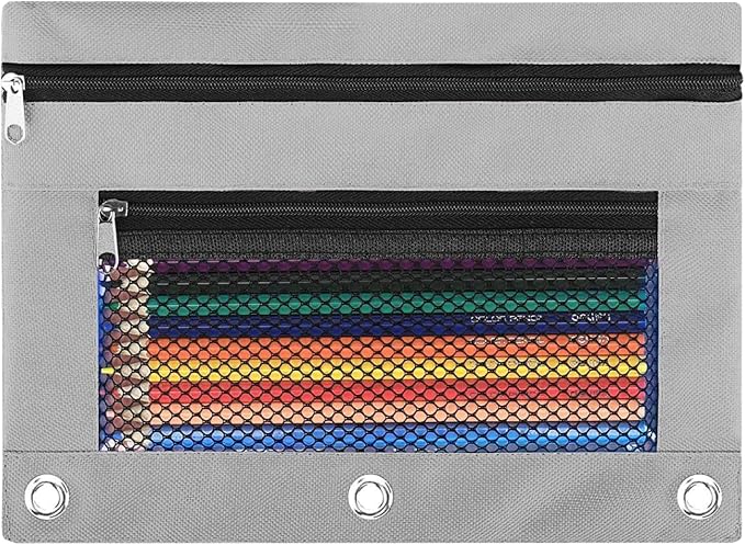 Pencil Pouch for 3 Ring Binder - 3 Hole Zipper Pen Case Bag Holder Bulk Accessories Clear Window Aesthetic Organizer Pockets