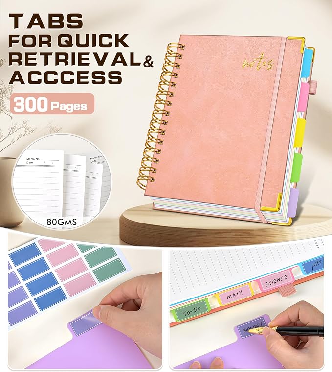 5 Subject Spiral Notebook Journal with Removable Dividers Tabs, 300 Pages Organizer Notebooks for Work School, 8"x10" Hardcover Leather Notebook College Ruled, Large Lined Journal for Women Men,Pink