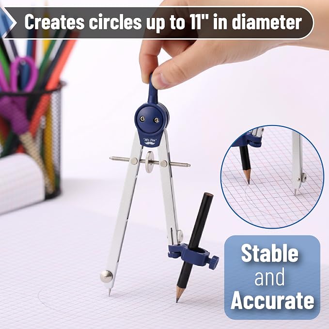 Mr. Pen- Metal Geometry Compass, Center-Wheel Design | Precision Drafting Compass with Pencil for School & Technical Drawing, Draws Circles up to 11 Inches Diameter