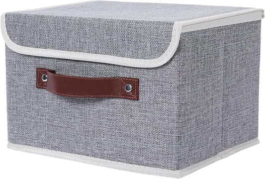 ANMINY Storage Bin with Lid Storage Boxes with PU Leather Handles PP Plastic Board Decorative Foldable Lidded Cotton Linen Fabric Home Cubes Baskets Closet Organizer Container - Gray, Medium