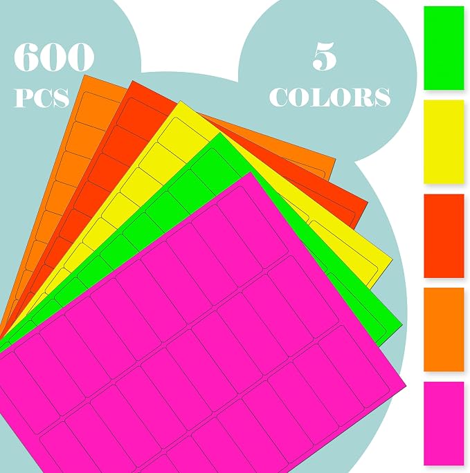 YSHIHE Fluorescent Shipping Address Labels,1" x 2-5/8" Neon Label 600 PCS | 5 Colors Neon Stickers for Inkjet or Laser Printer for Moving Lables,Mailing Shipping Envelopes and Organization 20 Sheets