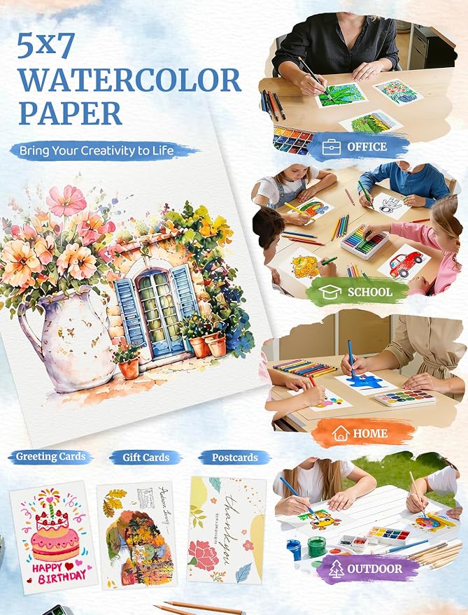 84 Sheets Watercolor Paper 5x7, 110 LB/230 GSM Water Color Paper 5 x 7, Cold Press Watercolor Paper Bulk, 5x7 Watercolor Paper Pad for Kids Adults, Art Paper for Painting, Sketching, Acrylic, Gouache