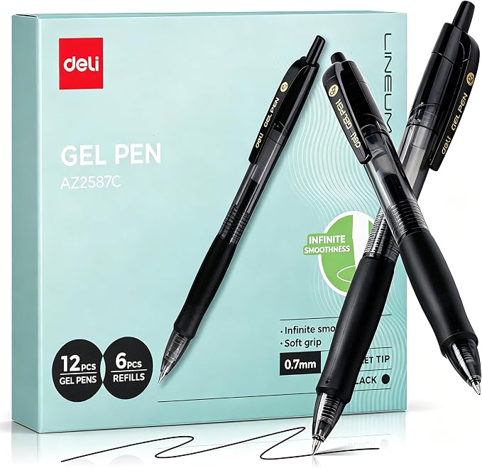 deli Gel Pens, Retractable 0.7mm Black Ink Pens, 12 Pcs Pens & 6 Refills | Medium Point Smooth Writing Pens, Quick-Dry No Bleed Comfort Grip for School, Office, Home Supplies