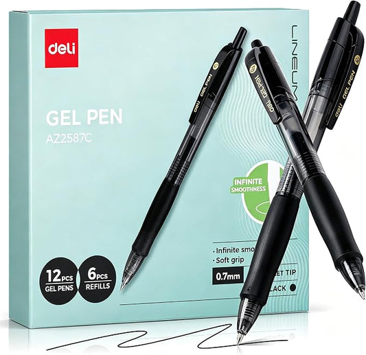 deli Gel Pens, Retractable 0.7mm Black Ink Pens, 12 Pcs Pens & 6 Refills | Medium Point Smooth Writing Pens, Quick-Dry No Bleed Comfort Grip for School, Office, Home Supplies