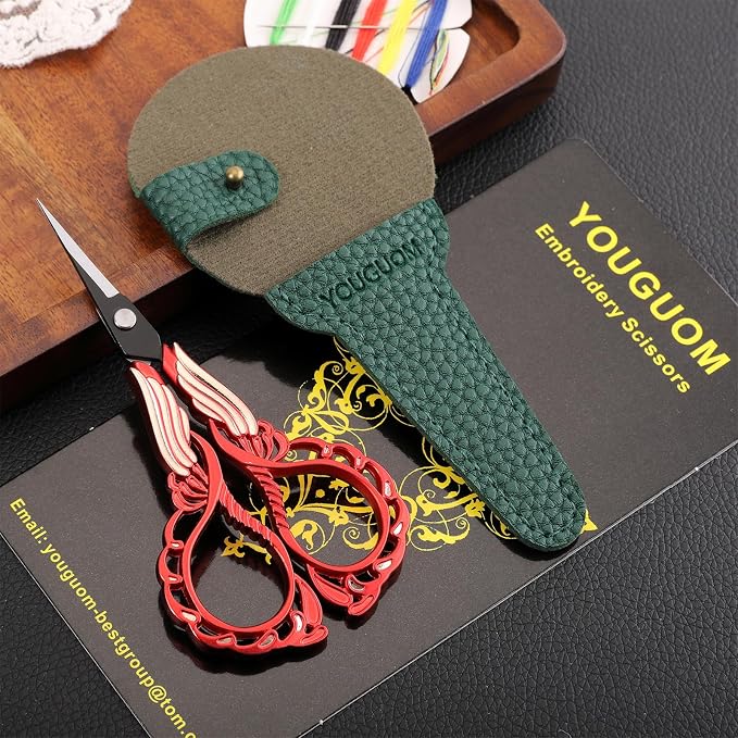 YOUGUOM Small Sewing Scissors, Sharp Detail Shears with Cover | Vintage Little Precision DIY Tool Kit for Crafting, Embroidery, Needlework, Cross Stitch, Thread, Paper Cutting, Red