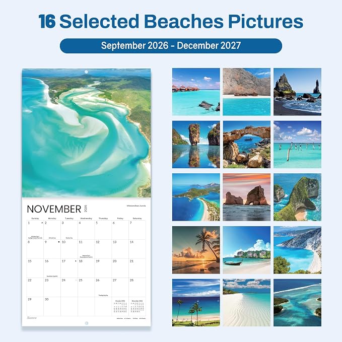 SUNEE Calendar 2026-2027 for Wall, 2027 Large Wall calendar 12x12 Inches with 16 Months from September 2026 to December 2027, Thick Glossy Paper, 12" x 24" (Open), Beaches