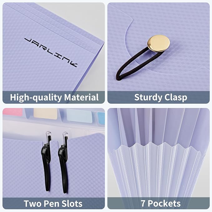 JARLINK 7 Pockets Expanding File Folder, A4 Accordion folders, Purple | Accordion File Folders with 12 Labels, Portable Document Organizer for Home, College, School, and Office Supplies
