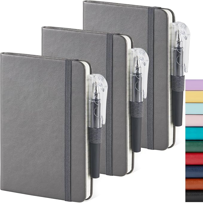 NIRMIRO Small Pocket Notebook Journal for Men/Women, 3 Pack A6 Mini Small Notepad Note Book 3.7" x 5.7" with Pen Holder for Work Travel Writing, Leather, Grey