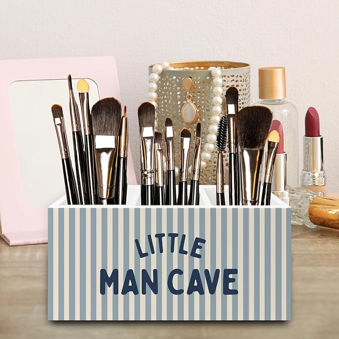 Boy Room Decor Pen Pencil Holder Organizer for Desk, Little Man Cave Retro Blue Striped Wooden Box Signs Decorations for Kids Boys Room Bedroom Playroom Desk Tabletop, Boy Nursery Decor