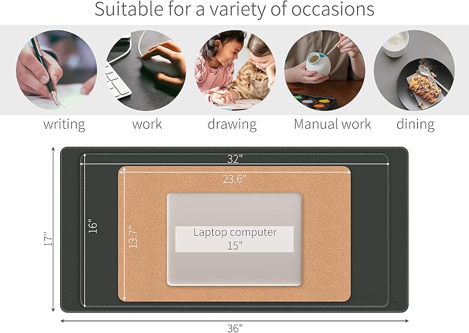 RENMTURE Dual-Sided Mouse Pad, Natural Cork & PU Leather Large Desk Pad for Office and Home Work, Desk Protector Non-Slip, Waterproof, Easy Clean (Black, 23.6" x 13.7")