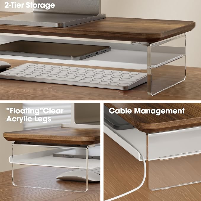 Fenge 23.6" Monitor Stand with Clear Acrylic Legs, Brown | Clear Acrylic, Storage Compartment, 2-tier Home Office Monitor Riser, Wide Large Desktop Shelf Fit Monitor/Laptop/Printer