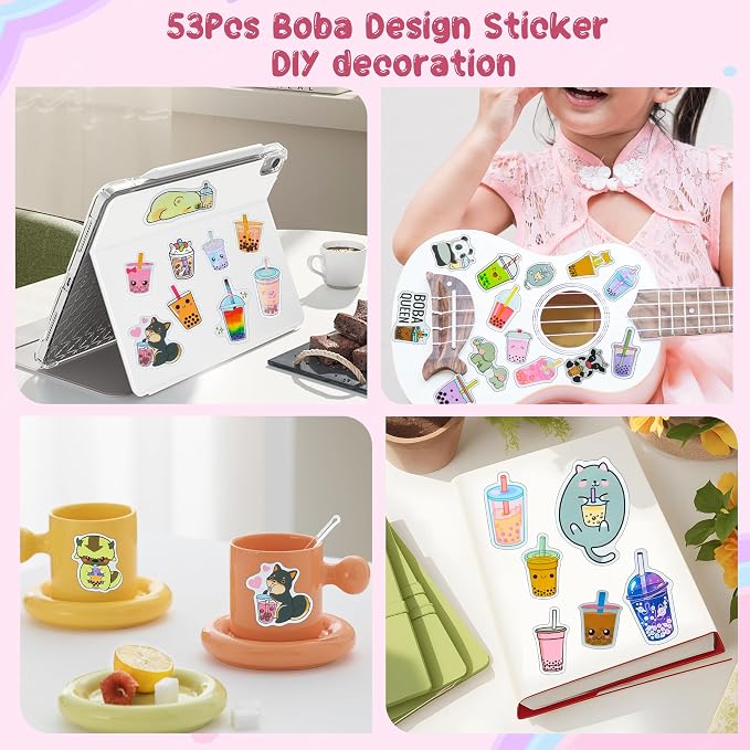 All In One Gift Kit for Girls – Back to School Supplies, Lock and Key Plush Journal Stationery Set with 53 Stickers, 1 Bracelet, 1 Coin Purse, 4 Straws and 3 Sticky Notes, for Kids, Toddlers, and Teens (Pink Boba)