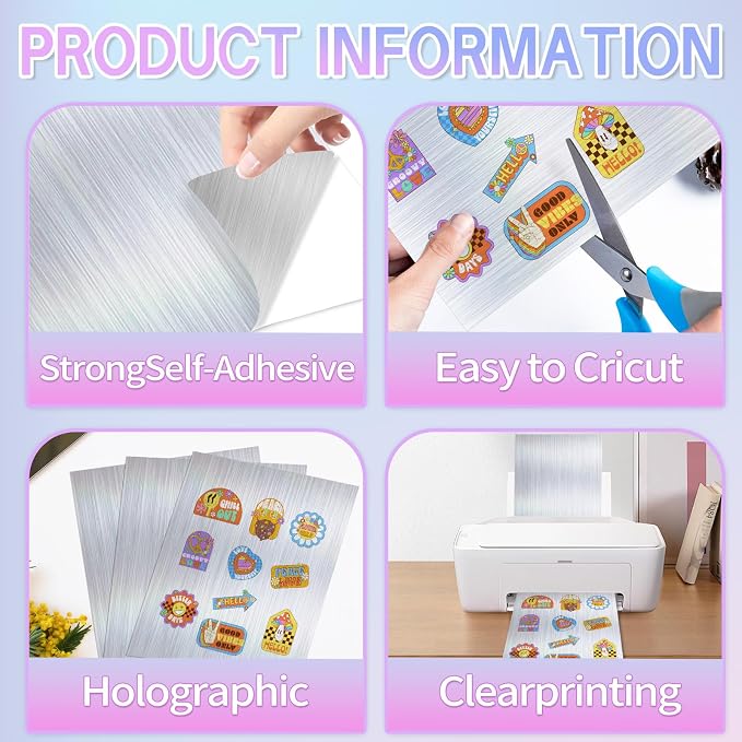 STARLIBOO 25 Sheets Holographic Sticker Paper, Brushed Silver Printable Vinyl for Inkjet & Laser Printer, Brushed Metallic Silver Texture, Dries Quickly (8.5" x 11")