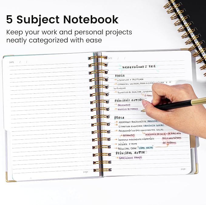 Hardcover Spiral Notebook with Tabs 6.1"x8.3" Small Spiral Lined Journals for Women Men with Dividers 200 Pages College Ruled Composition Notebook 5 Subject Notebook for Work School Gifts, Black