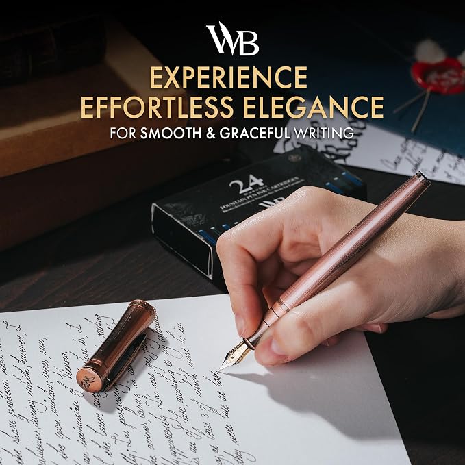 Wordsworth & Black Luxury Fountain Pen Set for Writing, Medium Nib, Copper | Gift for Men & Women, Brass Body, 18K German Iridium, Calligraphy, Converter + 24 Ink Cartridges, Refillable, Leak-Free