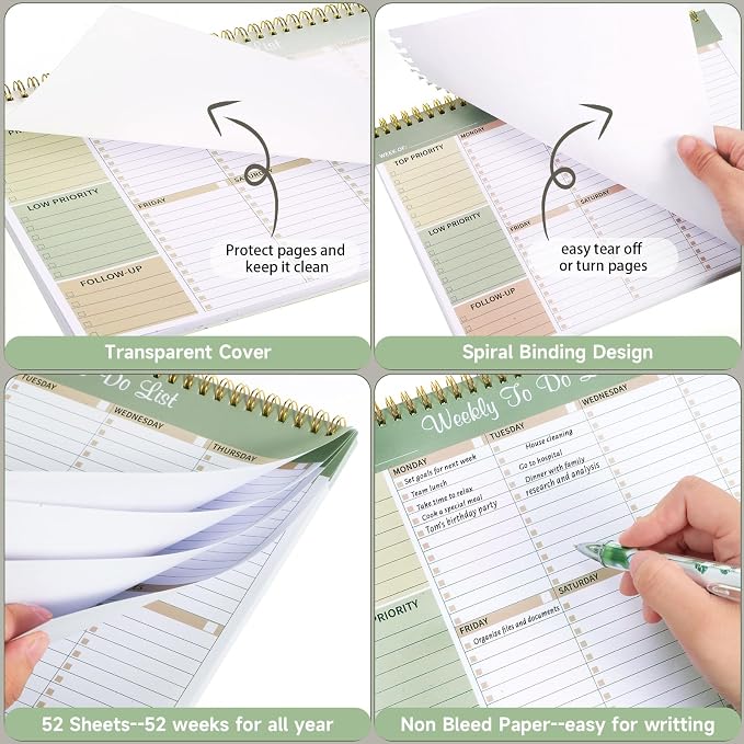 Thboxes Weekly To Do List Notepad, 8.5"x11" Desk Planner 52 Sheets, Green | 100GSM Paper Undated Habit Planner, Productivity Organizer Notepad, for Home School Office Work, Travel, College Essentials