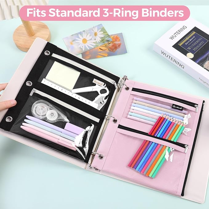 3 Ring Binder Pencil Pouch, 3-Pocket Zipper Pencil Case with Reinforced Grommets & Clear Window, Durable Pen Organizer for School Office Supplies Pink
