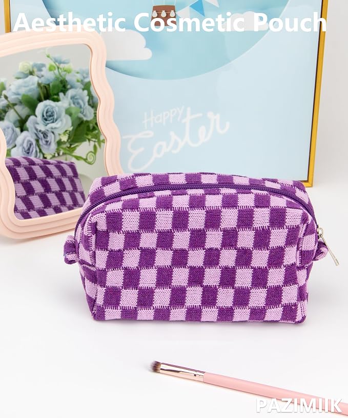 Checkered Makeup Bag for Purse, Small Travel Cosmetic Pouch,Lavender | Cute Zipper Makeup Organizer for Women, Travel Essentials, Toiletries, Makeup Brushes, Beauty Accessories&Bridesmaid Gifts