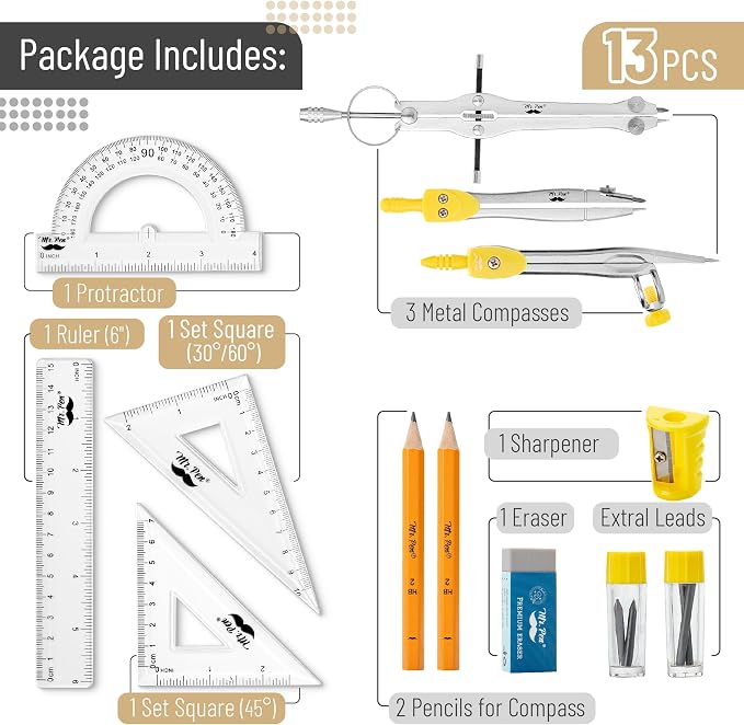Mr. Pen- Geometry Set, 13 pcs, 3 Metal Compasses, Protractor, 6" Ruler | 45° & 30°/60° Set Squares, Pencils, Lead Refills, Sharpener & Eraser for Math, Drafting & Classroom Use | 45° & 30°/60° Set Squares, Pencils, Lead Refills, Sharpener & Eraser for ...