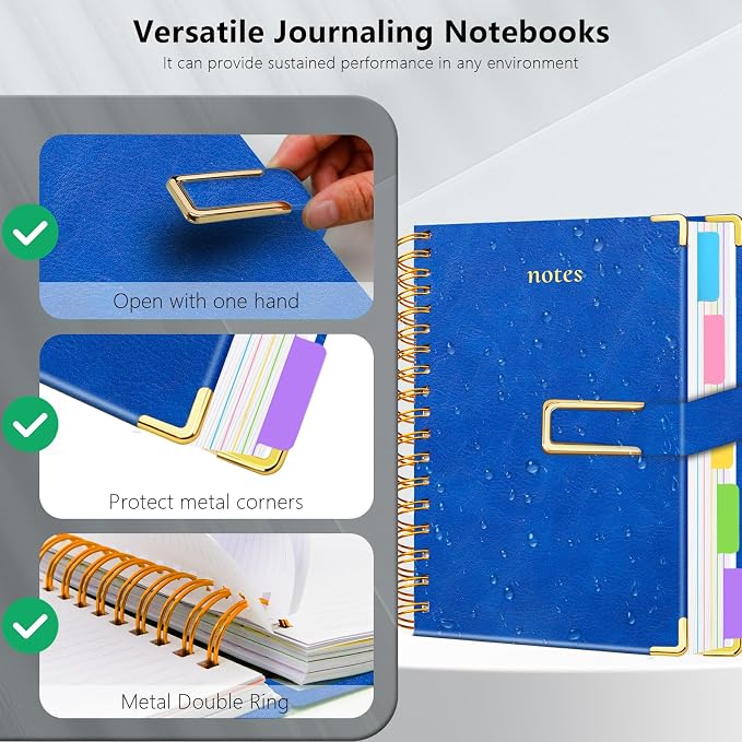 Hardcover Spiral Notebook College Ruled, 8.5"x11" Leather Journal Notebook with Magnetic Closure, 300 Pages 5 Subject Notebook with Dividers Tabs Journal for Women Men, Work, School(College Blue)