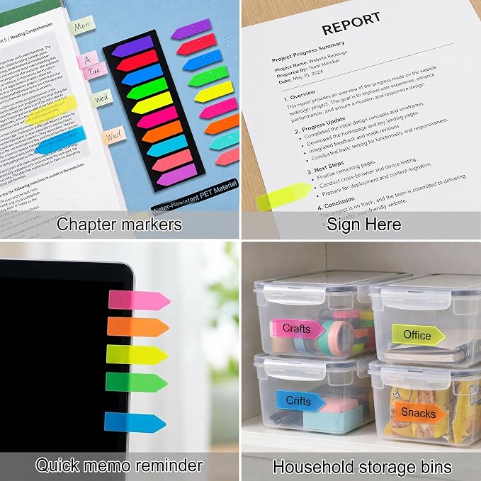 Ericter Arrow Sticky Tabs 1200 PCS Neon Colors, Book Annotation Tabs Writable, Bright Sticky Flags Page Markers, Translucent Sticky Notes for Books, Study Office Supplies, Sticky Bookmarks