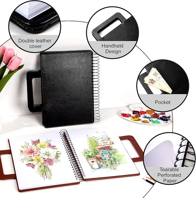 Large Sketchbook for Drawing 9"X 12" Portable Travel Spiral Bound Sketch Book with Pocket(98lb/160gsm) Hardcover Drawing Pad for Adults Watercolor Mixed Media Paper, 60 Sheets/120 Pages, Black