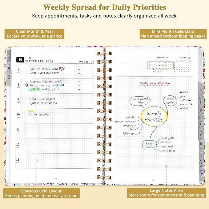 JoyCat Academic Planner 2026-2027, A5 Weekly & Monthly, Wildflowers | July 2026-June 2027 A5 planner combines weekly and monthly layouts, tabs, grid notes and sticker sheets.