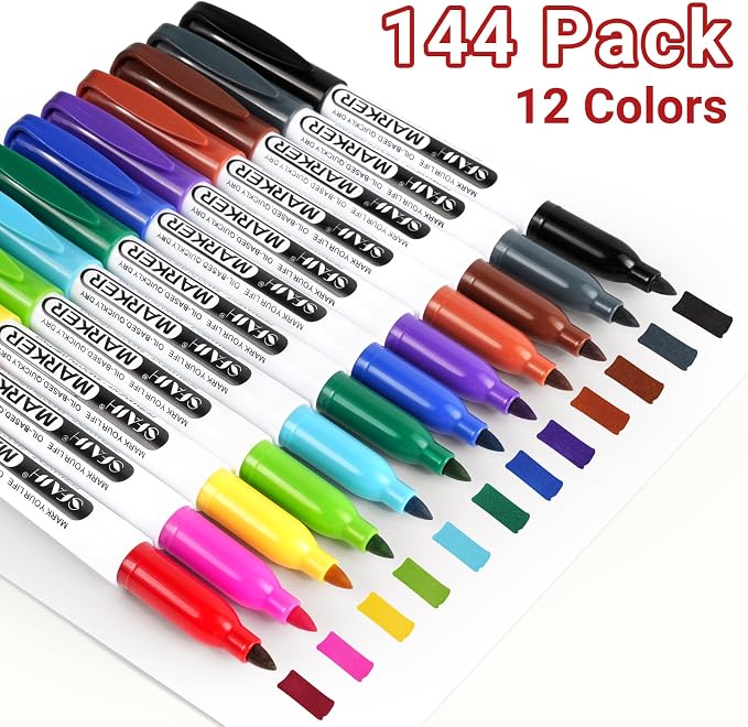 SFAIH 144 Pack Permanent Markers Bulk - 12 Vibrant Colors, 1s Quick Drying, Fine Point Markers for Write Mark, School, Office, Warehouse, Business, Logistics, Durable, Waterproof, Paper, Cardboard
