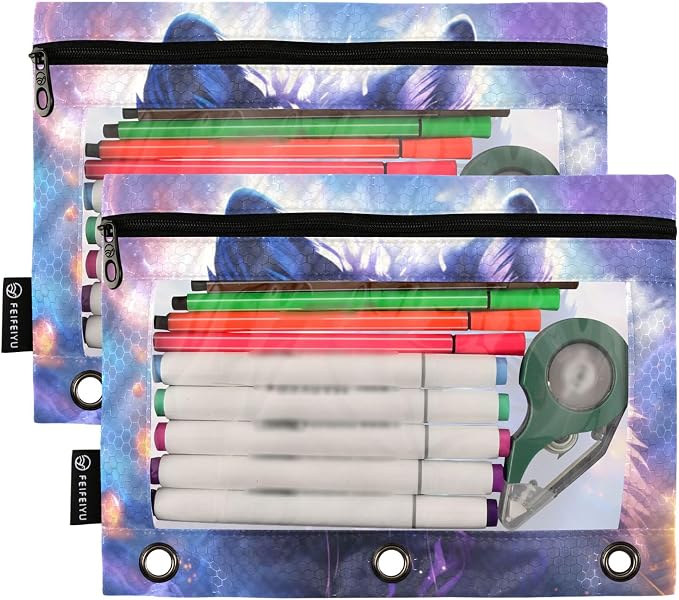 Space Wolf Binder Pouches 3 Ring for Boys Girls School Office College Supplies Moon Planet Galaxy Dog Pencil Pouches Case Bag with Clear Window and Zipper 2 Pack