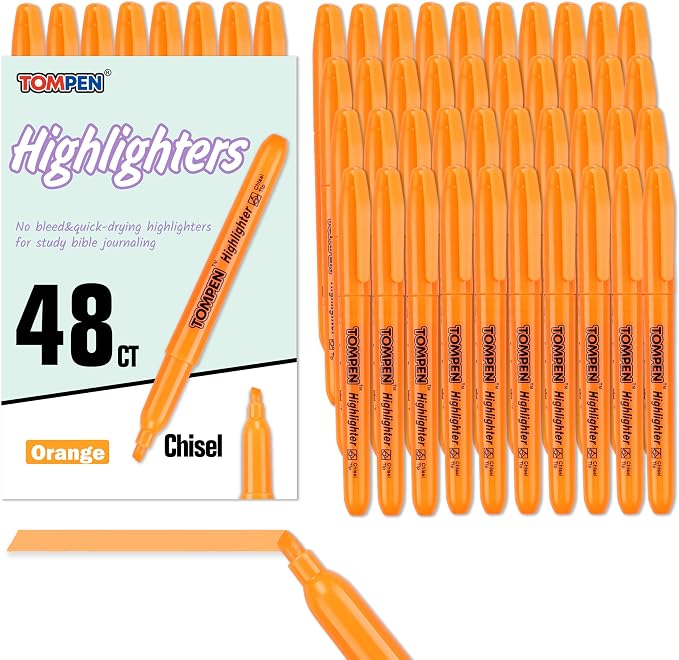 Highlighters Orange 48 Pack,Bible Highlighters No Bleed–Bulk Chisel Tip Highlighter Markers Set for School,Office,Study,Journaling–Smear-Free,Quick Dry–Fluorescent Pens for Teachers Students