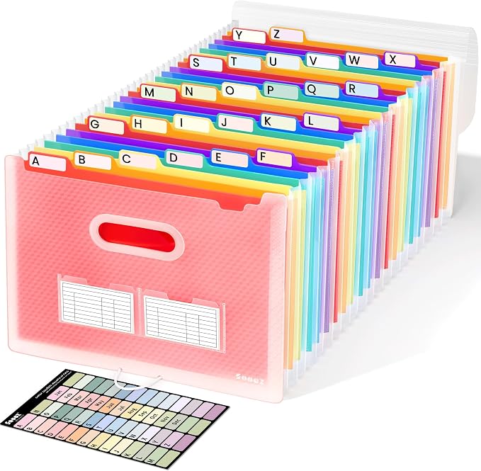 Sooez 26-Pocket Accordion File Organizer, Upgraded Expanding File Folder with A-Z Tabs, Premium Bill Tax Receipt Document Organizer Storage for Letter/A4 Size Paper, School Office & Home, Clear