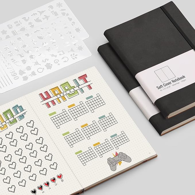 AHGXG Dotted Journal Notebook, 320 Pages, 120GSM, A5 (5.7'' × 8.3'') | 2 Pack, Leather Hardcover, for Journaling, Planning, Tracking (Blackblack)