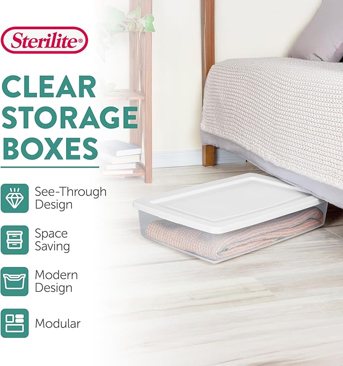 Sterilite 41 Qt Underbed Storage Box, Stackable Bin with Lid, Plastic Container to Organize Bedroom, Clear Base and White Lid, (Pack of 6)