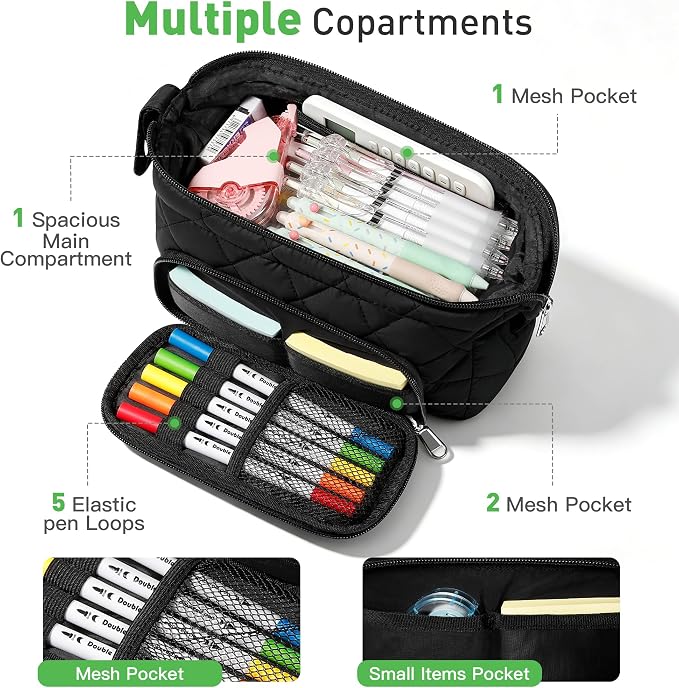 Zannaki Soft Quilted Large Pencil Pouch Organizer with Wide Opening for Boys Girls Teens - Extra Big Capacity Pen Pencil Bag with Zipper, Portable Pencil Case Box for School, College, Cosmetic Gift