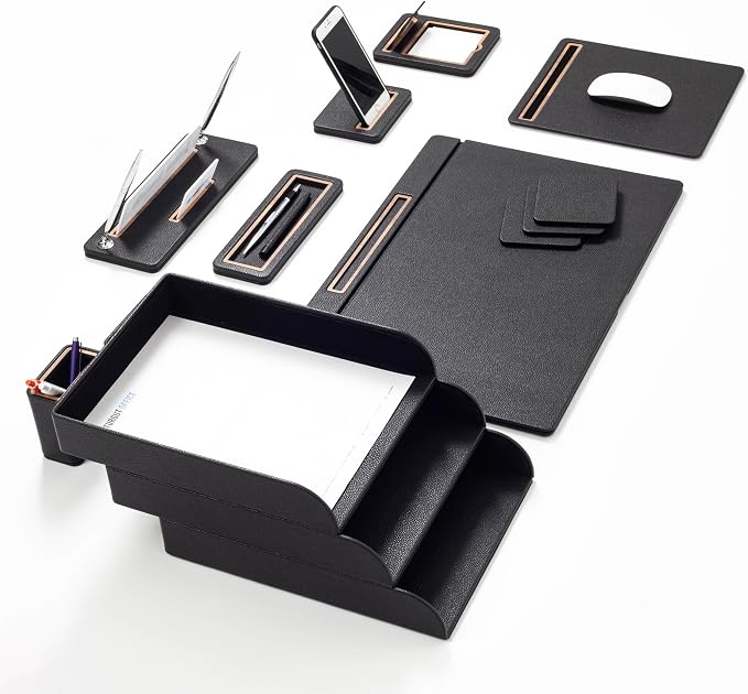 Capella 12-Piece Luxury Leather Desk Organizer Set, Black | Executive Office Accessories, Triple Document Tray, Covered Desk Pad, Personalized Nameplate