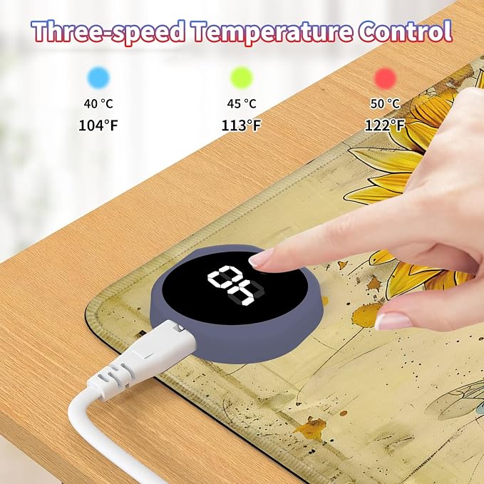 Heated Desk Pad Large Mouse Pad 23.6 x 14.1 inch with 3 Levels Heating & Auto Shut-Off Warm Mouse pad PU Leather Computer Mousepad for Home Office Work - Cute Bee Sunflower