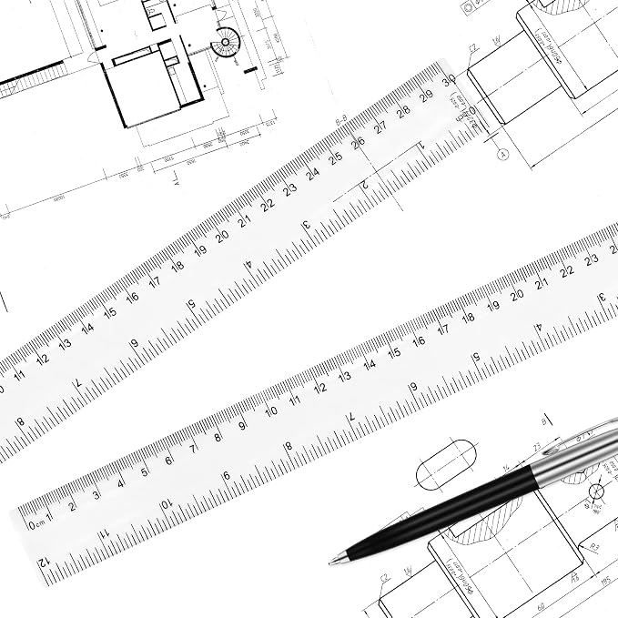 Unjoo Clear Plastic Ruler 12 Inch Straight Rulers, for School, Office, 2pcs | Shatterproof Rulers, with Inches and Centimeters, Easy-to-Read Markings, Plastic Drafting Measuring Ruler