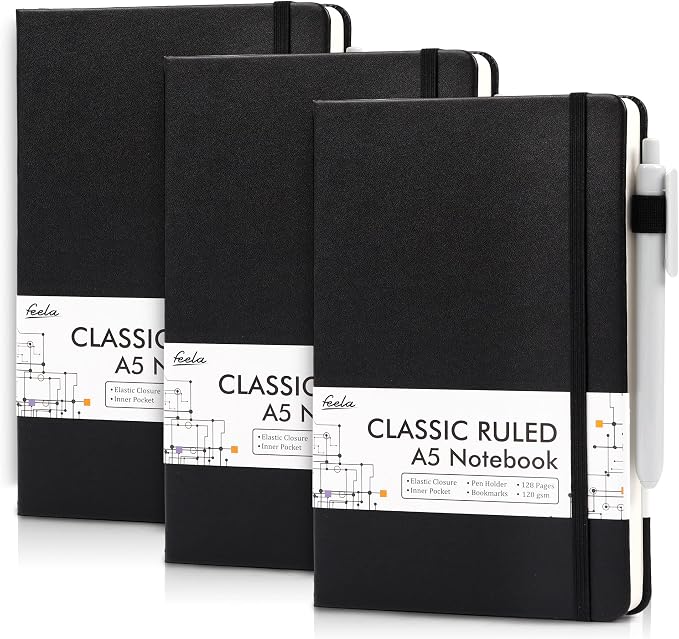feela 3 Pack Notebooks Journals Bulk with 3 Black Pens, A5 Hardcover Notebook Classic Ruled Lined Journal Set with Pen Holder for Work Business Journaling Note Taking, 120 GSM, 5.1”x8.3”, Black