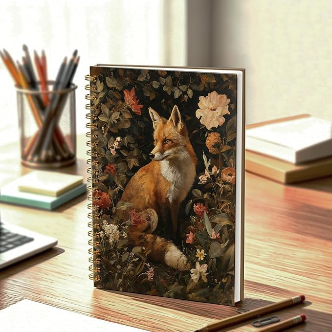 Vintage Floral Fox Journal Notebook 5.5x8.3, William Morris Inspired Wildlife Journal, Fox Gifts for Women, Dark Cottagecore Botanical Notebooks for Work