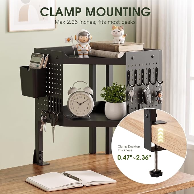 2-Tier Metal Clamp On Desk Shelf, Heavy Duty Desk Storage Organizer with 2 Removable Pegboards and Headphone Holder,Corner Desk Shelf with Pencil Cup and Hooks for Desk Accessories (Black)