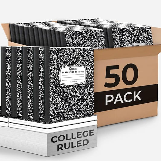 Rosmonde 50 Pack Bulk Composition Notebooks, Black Marble College Ruled Notebook, 200 Pgs (100 Sheets), 9-3/4 x 7-1/2, Hard Cover Composition Book, Bulk School Supplies, Notebooks for School & College