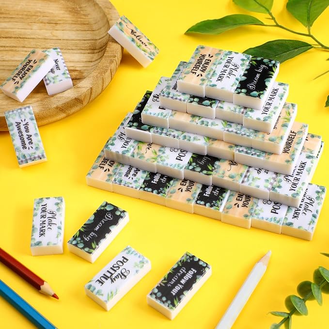 Dunzoom 100 Pcs Back to School Inspirational Pencil Erasers Bulk for Kids Fun Motivational Eraser School Office Supplies for Students Classroom Office Teacher Artists(Eucalyptus Leaf)