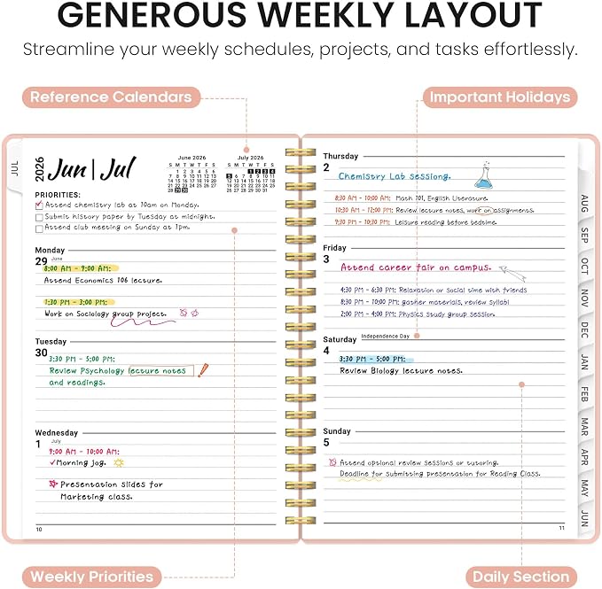 Planner 2026-2027, 6.3" x 8.5" Weekly and Monthly Academic Year Planner Calendar, July 2026 - June 2027, Hardcover Large School Planning Agenda With Tabs, Perfect for School & Office Supplies, A5, Pink