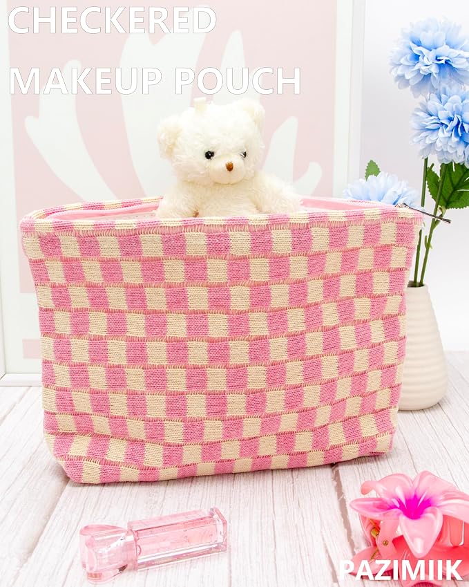 Checkered Makeup Bag for Purse, Small Flat Cosmetic Pouch,Pink Beige | Cute Zipper Makeup Organizer for Women, Travel Essentials, Toiletries, Makeup Brushes, Beauty Accessories&Bridesmaid Gifts