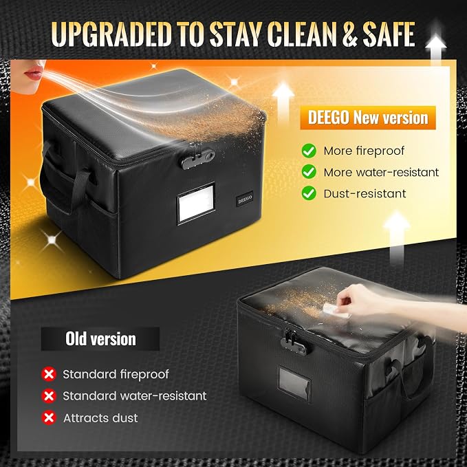 DEEGO Fireproof Document Box, Water-Resistant File Organizer Box with Lock | Document Safe Collapsible File Organizer with Handle, Filing Cabinets for Home Office for Hanging Letter/Legal Folder