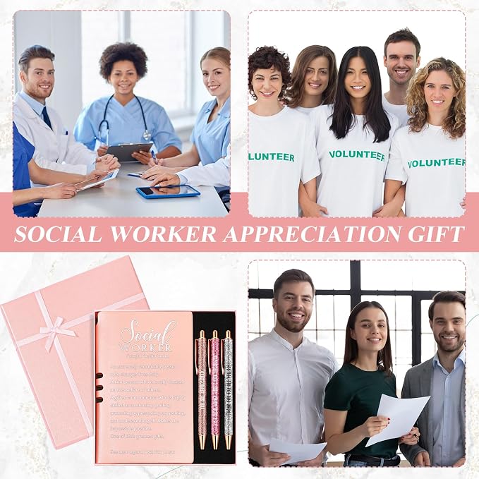 Resurhang 5 Pcs School Social Worker Must Haves Office Supplies Gift Leather Journal Notebook 3 Ballpoint Pens with Box Thank You Social Work Appreciation Gift for BSW MSW DSW(Pink)