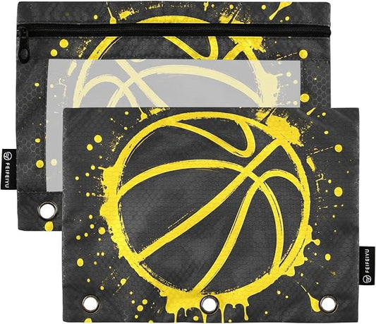 Basketball Splash Black Pencil Pouch for 3 Ring Binder 2 Pack Zipper Binder Pencil Bag with Clear Window Pencil Case for Office Supplies