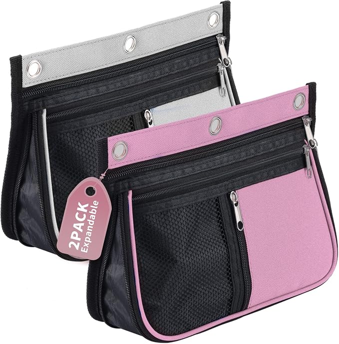 Sooez Pencil Pouch for Binder, Expandable Zipper Pencil Pouch, Fabric Pencil Pouches Binder Pockets, Large Capacity Binder Pouch, Pencil Case, 3 Ring, Black, 2 Pack-Grey & Pink