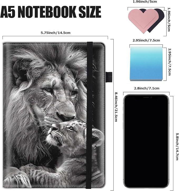 Hardcover Executive Notebooks, A5 PU Leather Lined Journal Notebook, 200 Pages Thick Paper Subject Notebooks for School,Work,Home Writing Business Notebook, Diary Book ，Lion